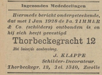 <p>In 1928 vestigde schilder-decorateur J. Klappe zich in het pand. Daarvoor heeft het huis de fa. Timmer & Co gehuisvest (www.delpher.nl). </p>
